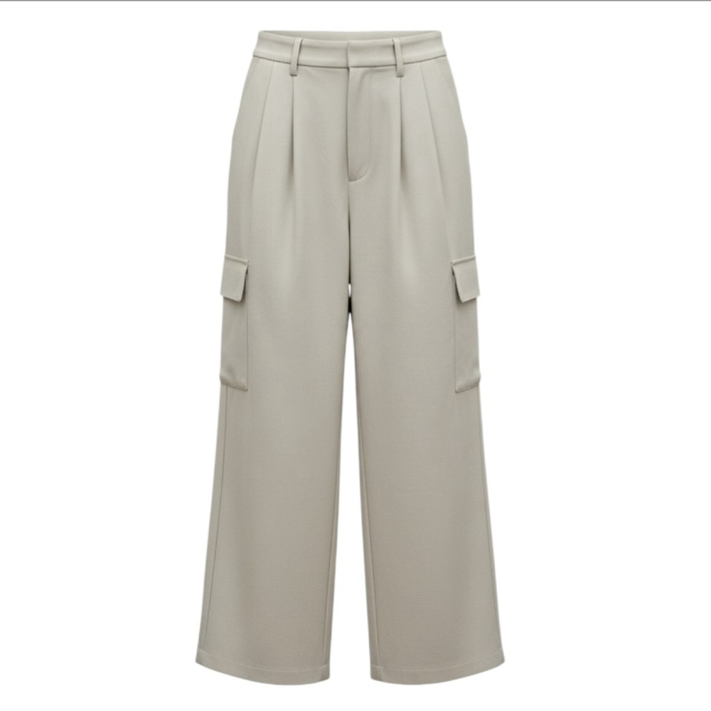Hollister High-Rise Wide-Leg Pleated Cargo Pants Cream Beige XS Excellent